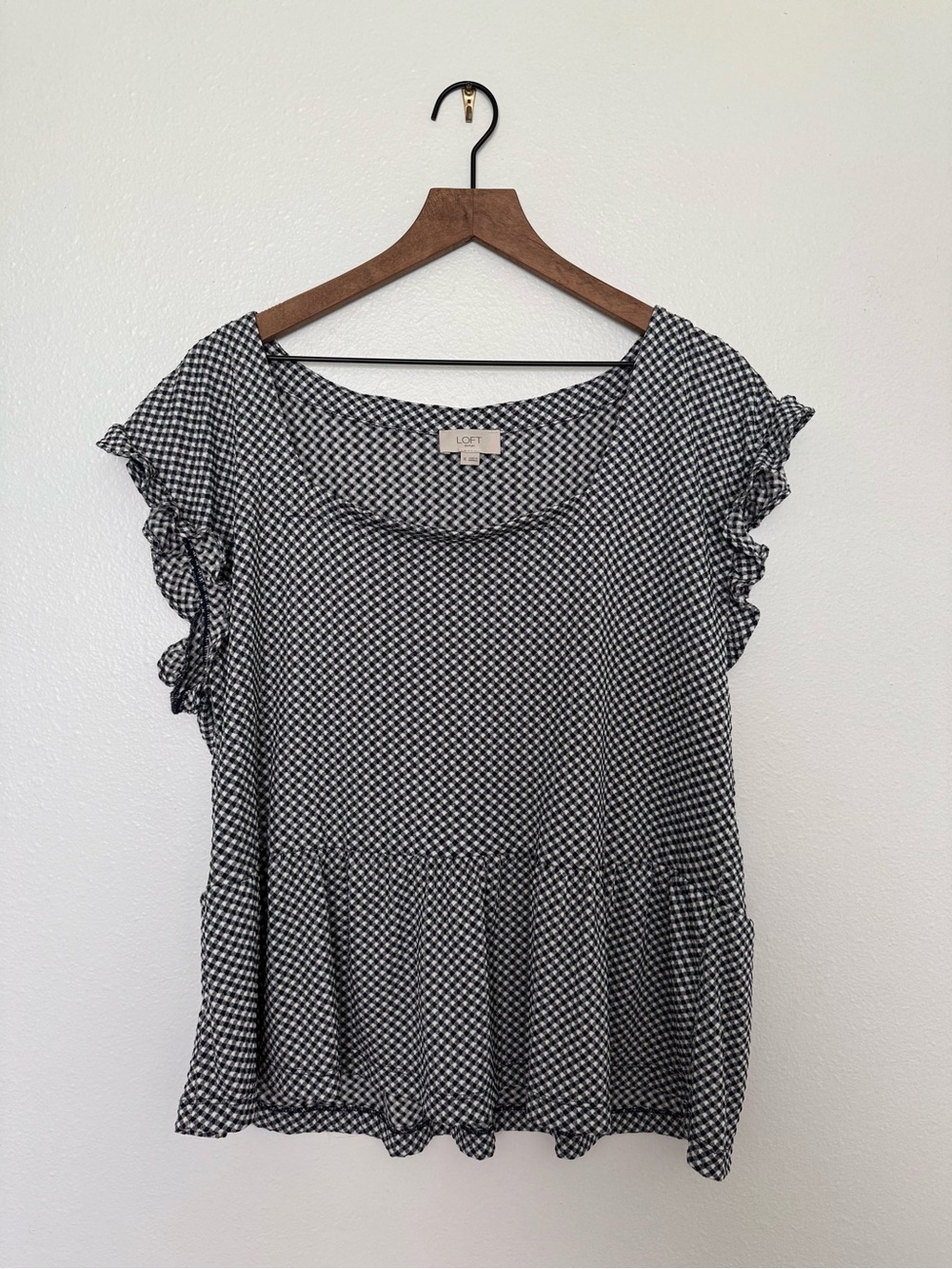 LOFT Navy and White Gingham Ruffle Sleeve Peplum Top